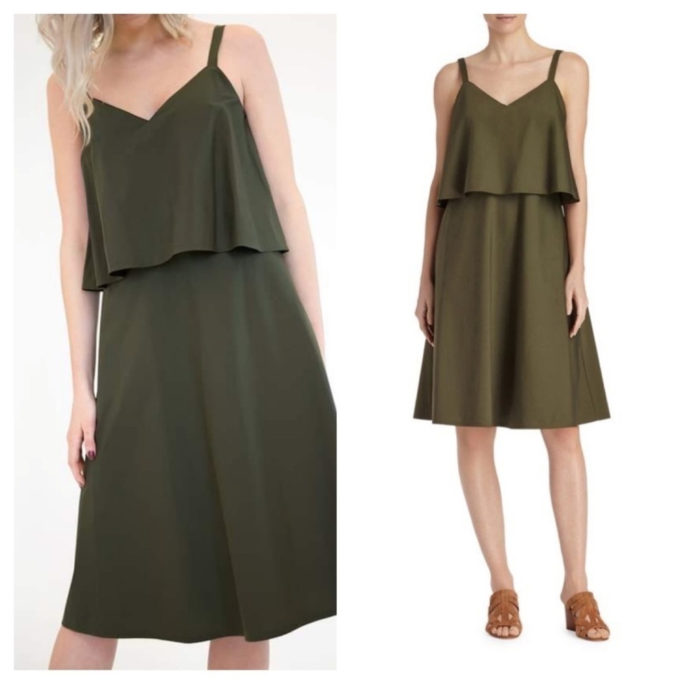 Lafayette 148 / Tiered overlay  Dill olive green Riri Popover Flare Dress M